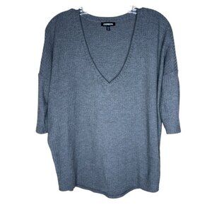 Express Gray Waffle Knit Women's Top Sz M Deep V Dropped Sleeve Coastal